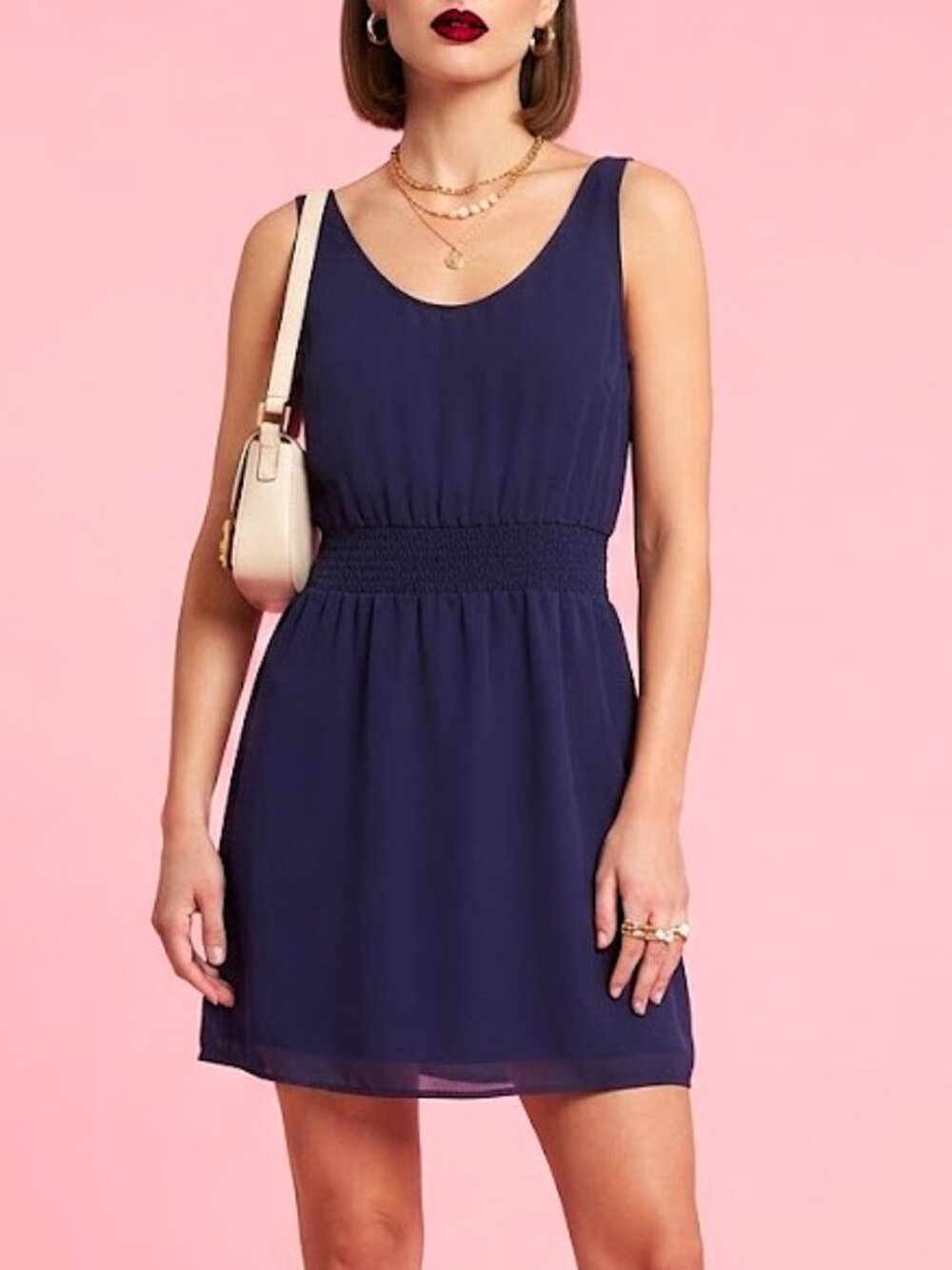 ARITZIA BABATON Navy Blue Smocked-Waist Silk Tank Mini Dress with Side Pockets